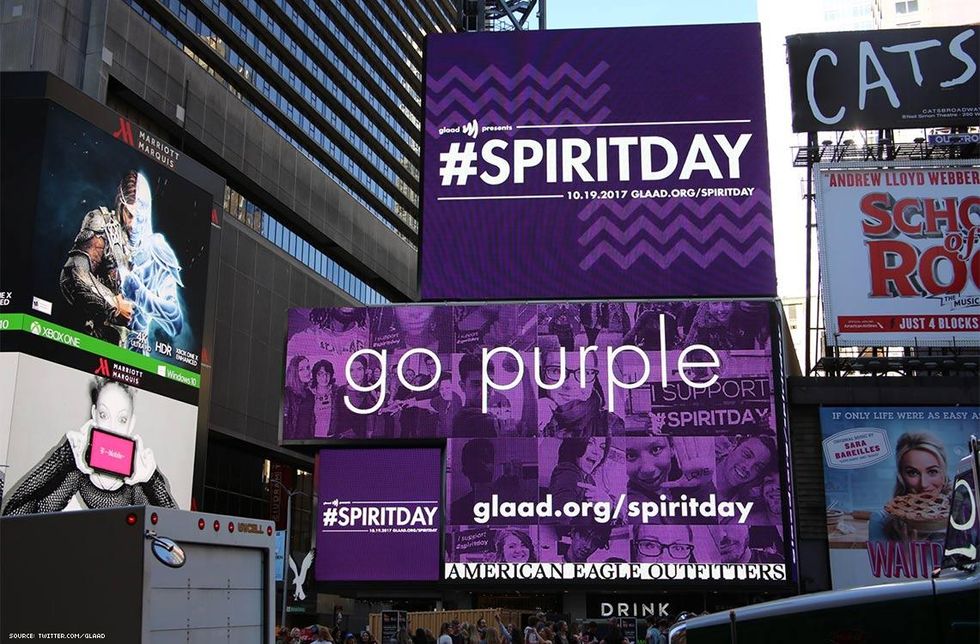 Times Square is a sea of purple for #SpiritDay thanks to @Viacom, @AEO & @thomsonreuters.