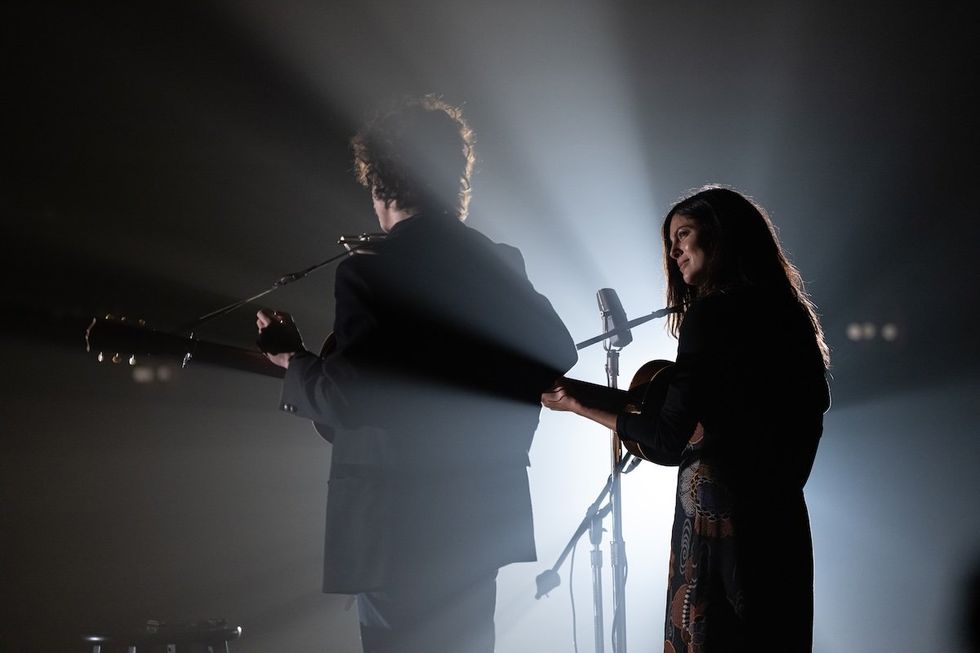 Timoth\u00e9e Chalamet as Bob Dylan and Monica Barbaro as Joan Baez in A Complete Unknown