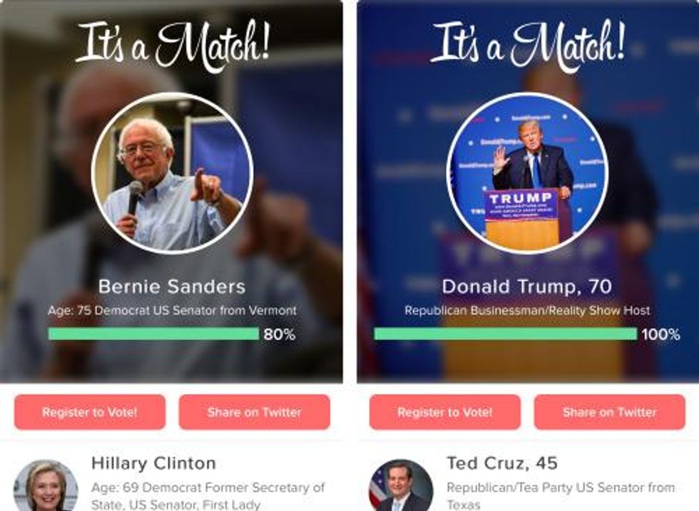 tinder, bernie, trump