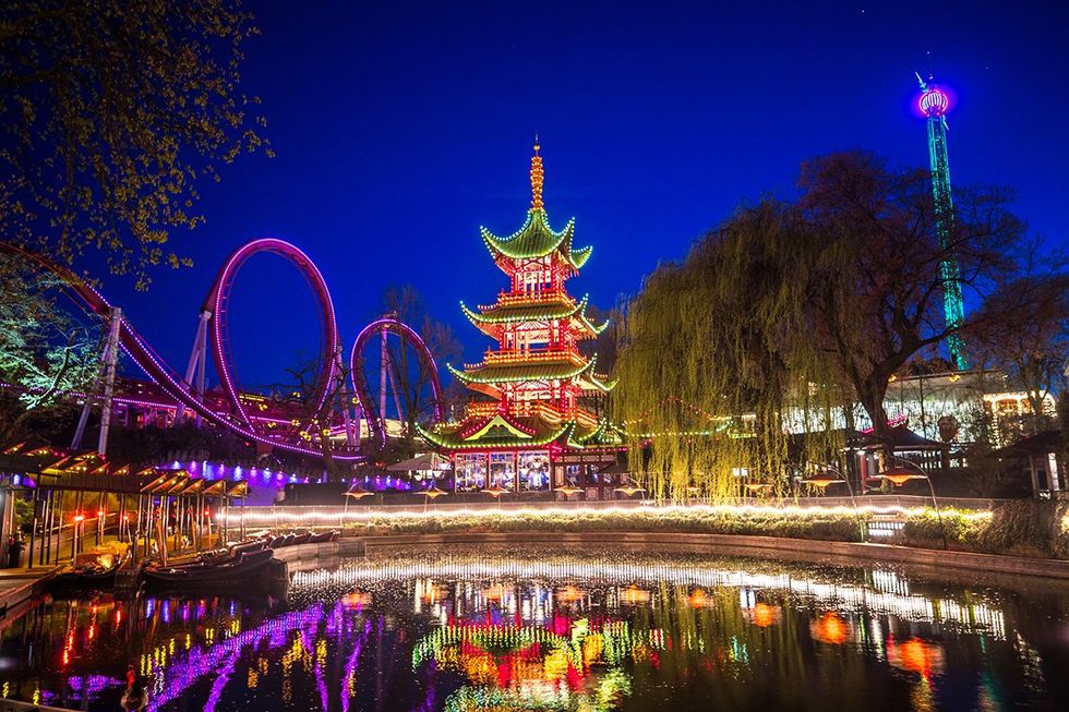 Tivoli Gardens at night in Copenhagen, Denmark