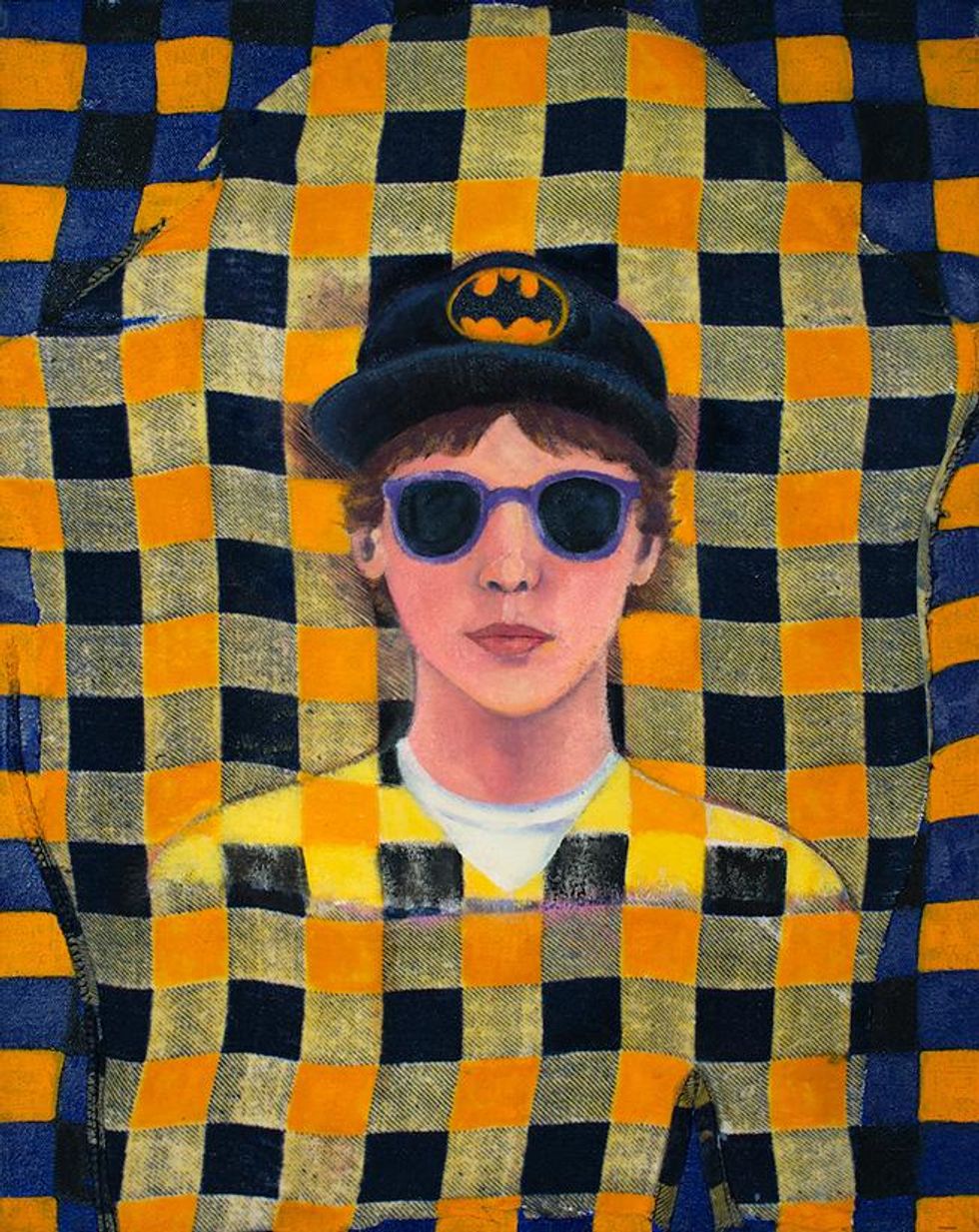 Tomboy Portrait With Sunglasses and Batman Hat On Yellow Flannel Shirt.