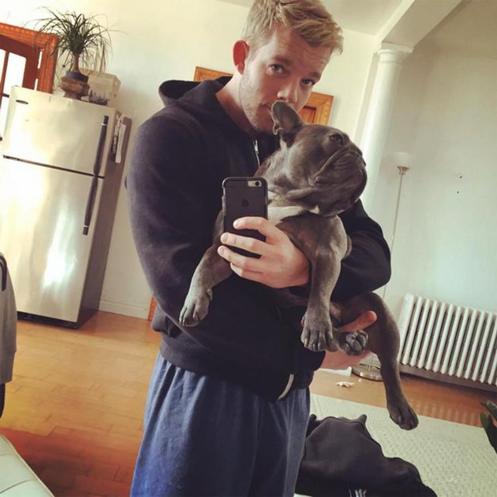 Tovey, with his adorable French bull dog, sporting a new blonde style.