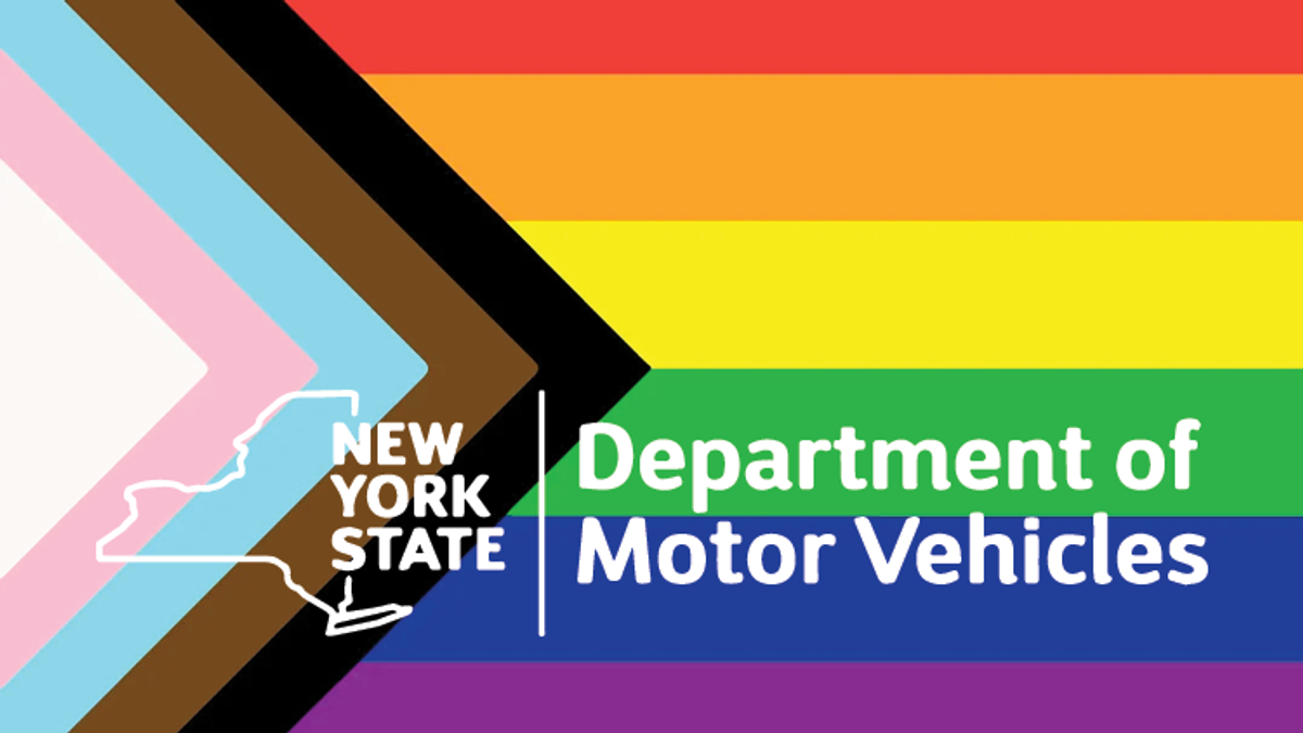 Trans flag with New York DMV logo