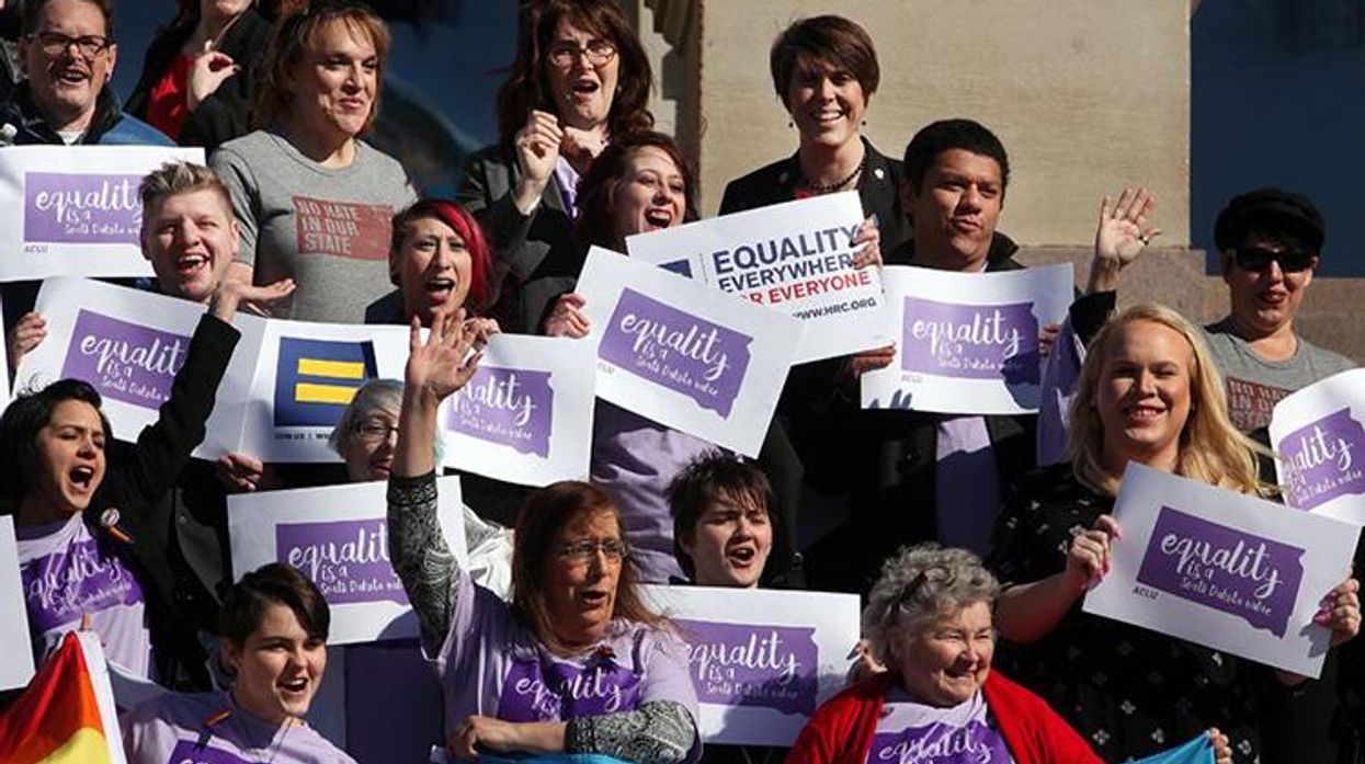 Trans South Dakota residents and allies rally at the state capitol in Pierre