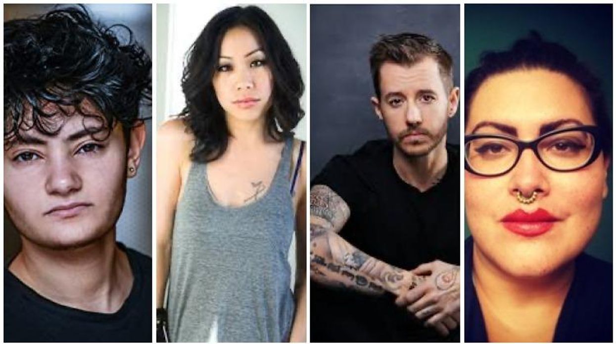 trans teen with curly hair, a Asian-American woman in tank top, a white trans man, a Latinx woman with glasses and piercing