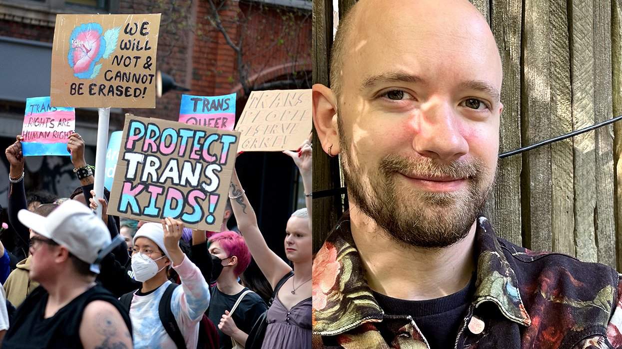 transgender advocates marching with signs to protect trans kids during TDOV 2025 alongside Daniel Bergreen