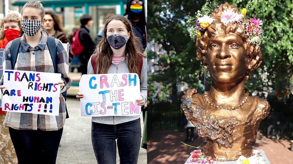 Transgender Day Visibility CEO Mark Berryhill Message Equalpride Trans Rights Support Signs Marsha P Johnson Bust Stonewall National Monument Christopher Park West Village NYC