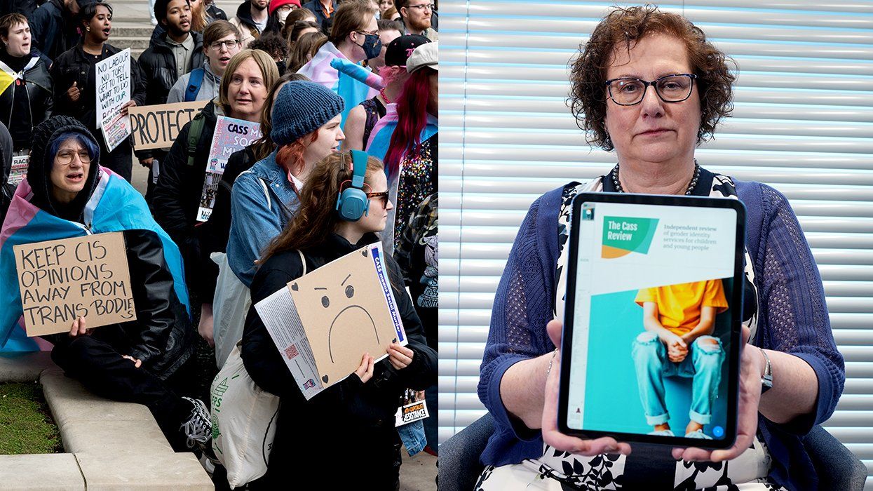 Transgender people protest signs Parliament Square London England Dr Hilary Cass holding a digital version of the Cass Review