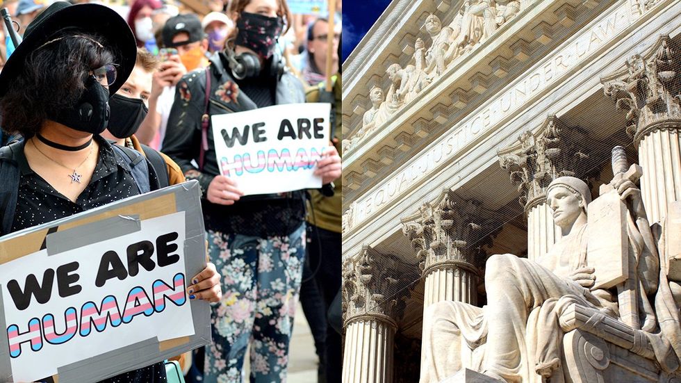 Transgender Rights Rally and U.S. Supreme Court Building Equal Justice Under Law Statue