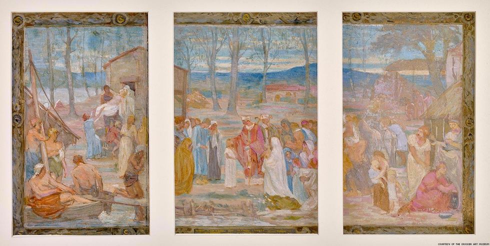 Triptych after Puvis de Chavannes\u2019 La vie pastorale de sainte Genevi\u00e8ve, 1912. Gouache on cardboard, 9 3/4 x 20 1/4 inches. Saint Mary\u2019s College Museum of Art. Gift of Clemence M. Otto
