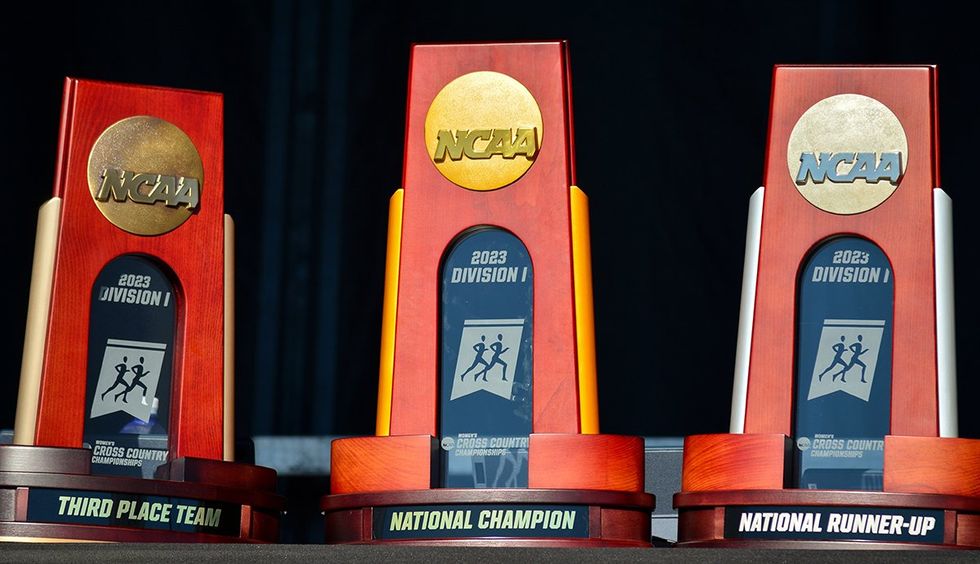 Trophies for the Winner Runner up and Third place teams during the 2023 NCAA Cross Country Championship
