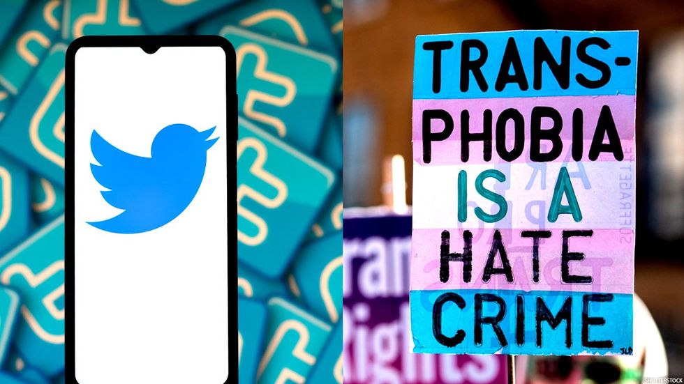 Twitter logo and a sign that reads trans-phobia is a hate crime