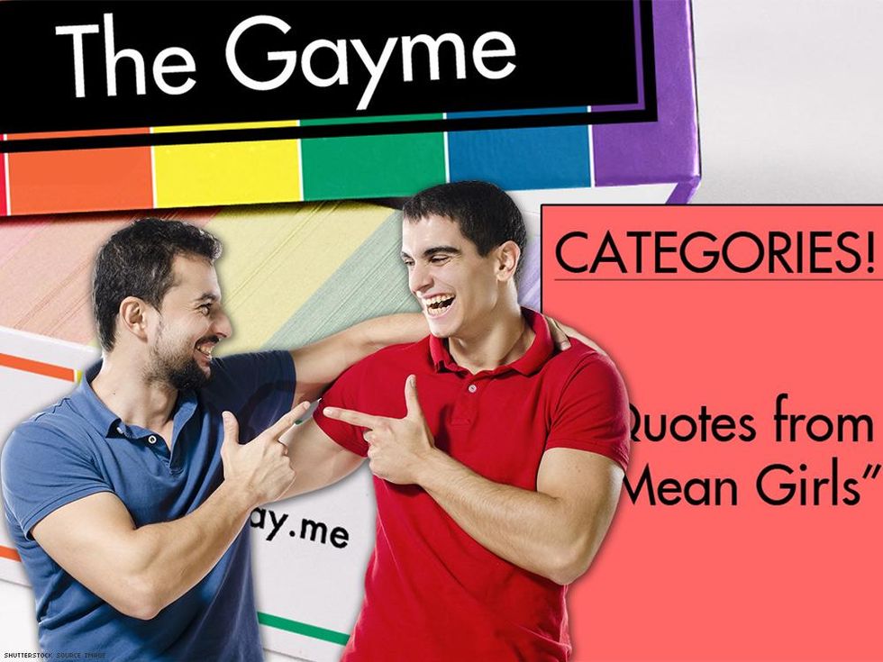 two guys pointing to each other over background of the gayme