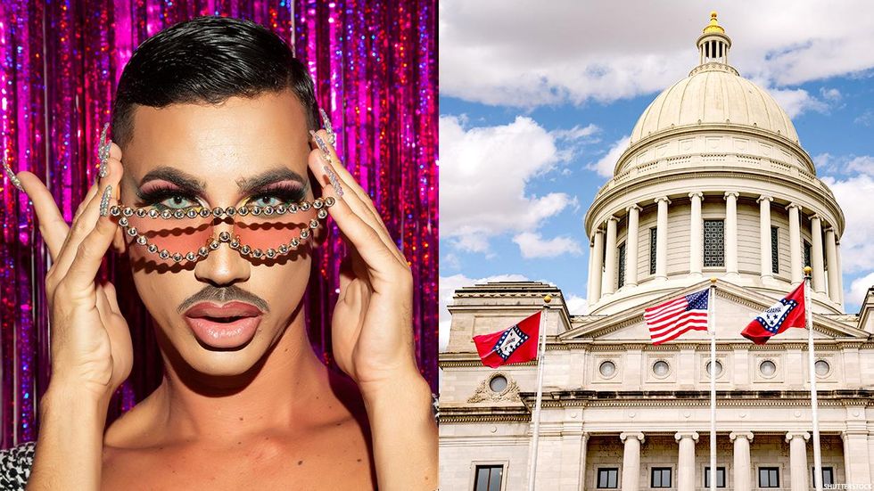 Two images: Drag queen on the left with the Arkansas Capitol building on the right