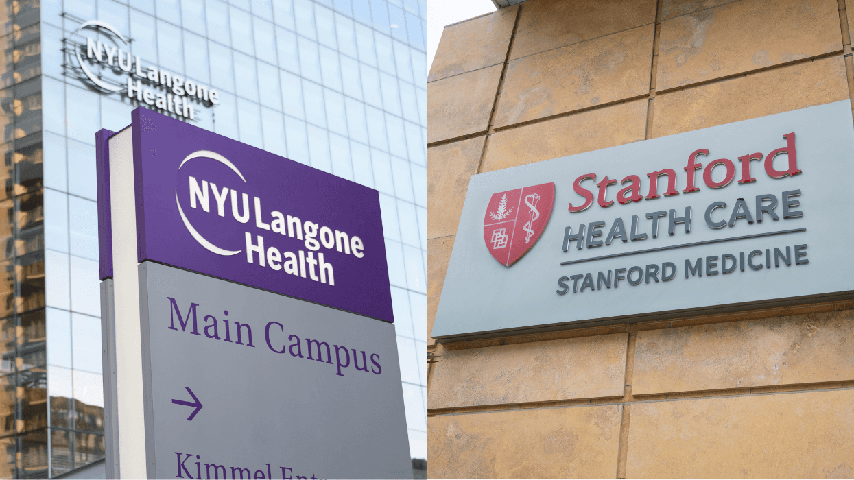 Two images of hospital signs appear side by side. On the left, a purple sign outside a glass building reads "NYU Langone Health." On the right, a gray sign on a tan, concrete building reads "Stanford Health Care."