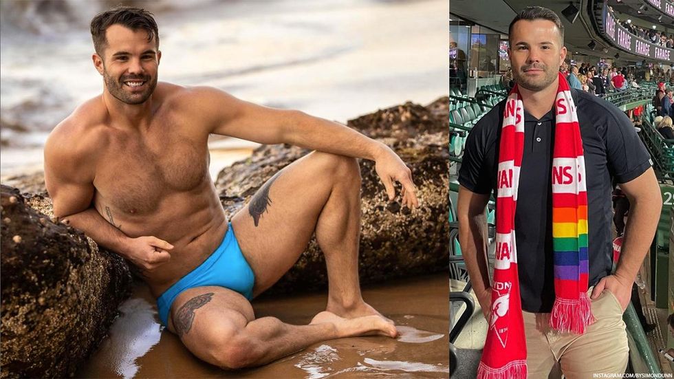 Two images of Simon Dunn. One in a bathing suit at the beach, the other in a rainbow sports scarf.
