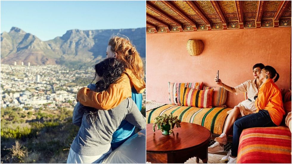 Two images of women hugging each other. One couple is outside and the other is inside.