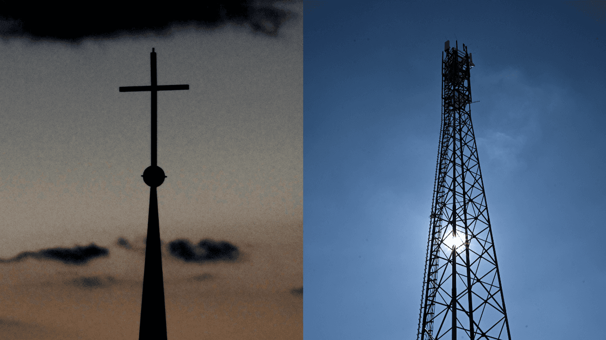 Two images sit side by side. On the left, a church steeple displaying a cross appears as a silhouette before the sunset. On the right, a tall metal cell tower stands before a bright sun.