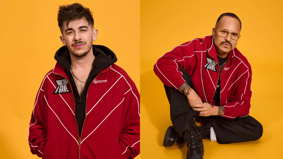 Two men in a red jacket