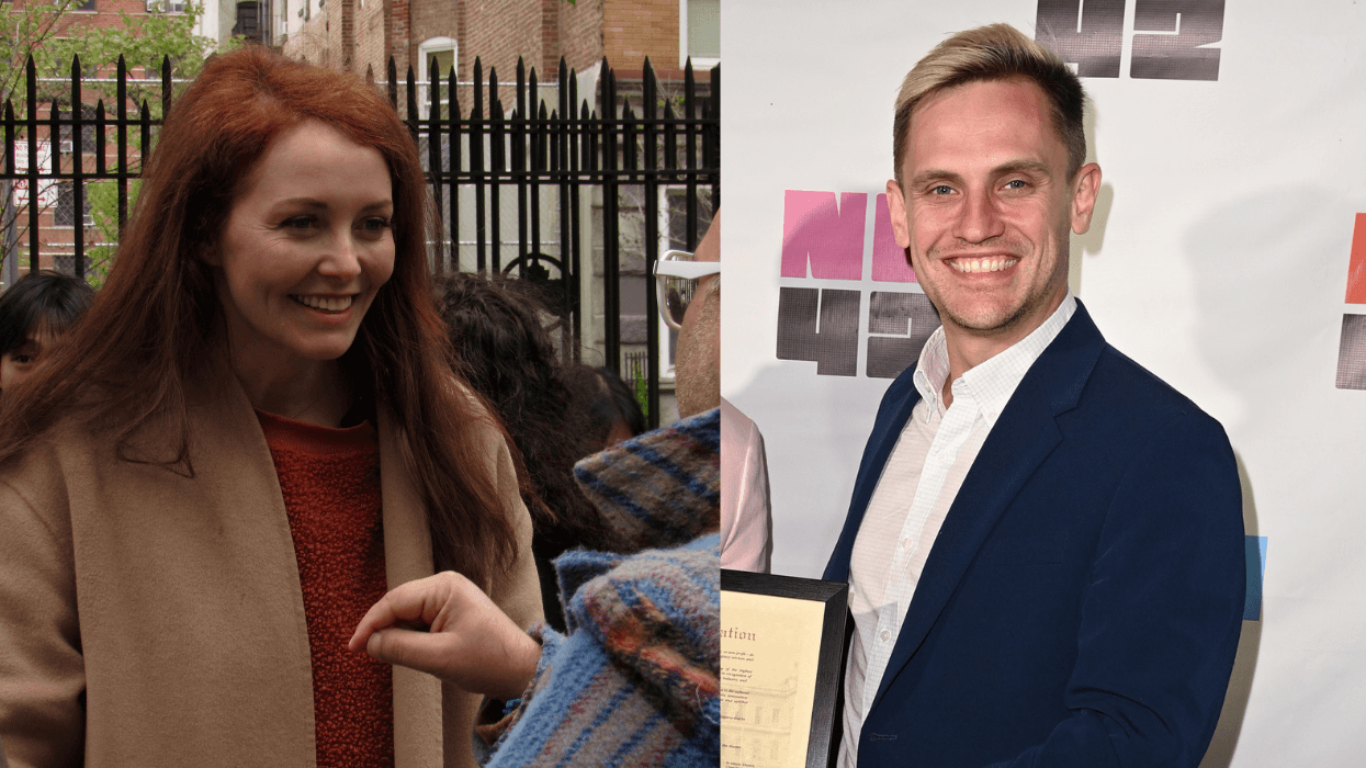 Two photos sit side by side. On the left, a woman with red hair smiles as a man in glasses speaks to her. On the right, a man in a suit stands in front of a banner and holds up a plaque.