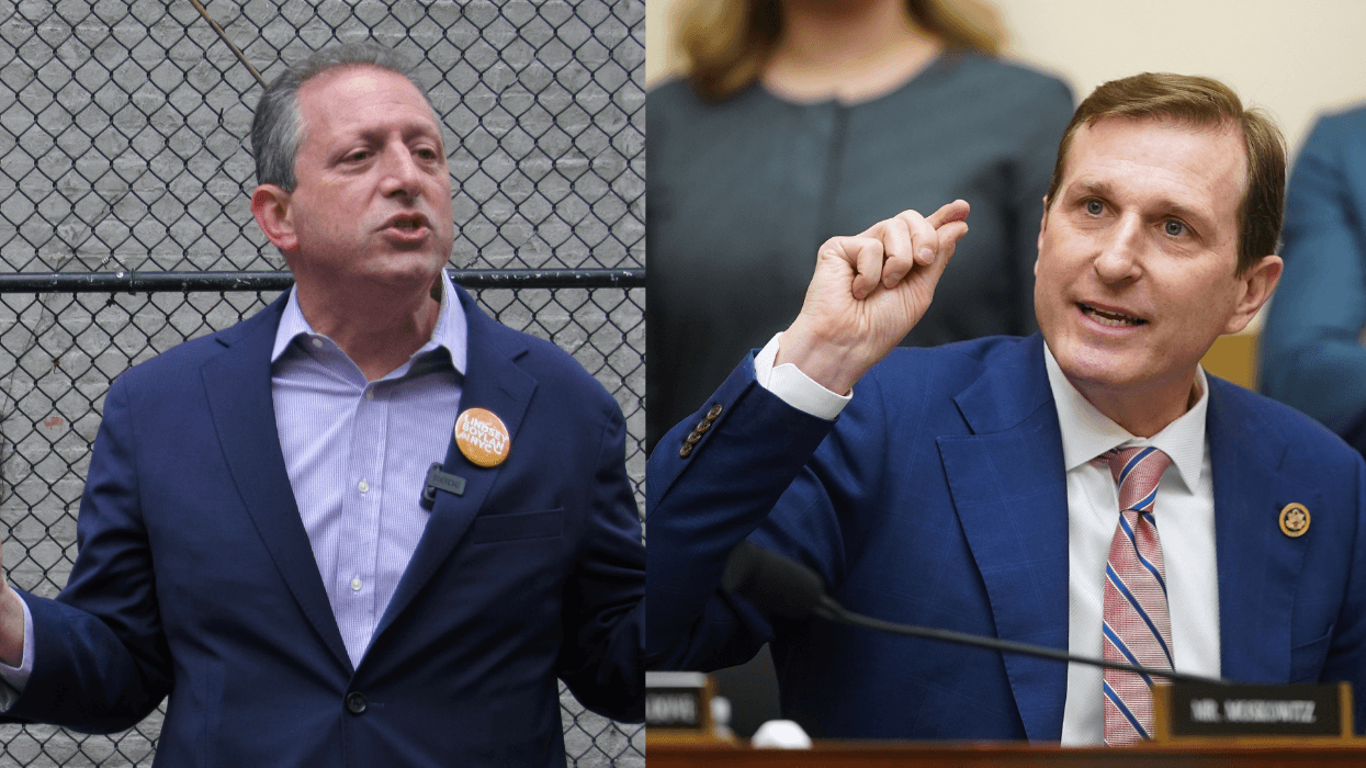 Two side-by-side images display men in suits speaking publicly.