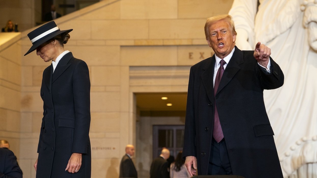 U.S. President Donald Trump and first lady Melania Trump after addressing guests and supporters in an overflow room in Emancipation Hall following his inauguration at the U.S Capitol on January 20, 2025 in Washington, DC.