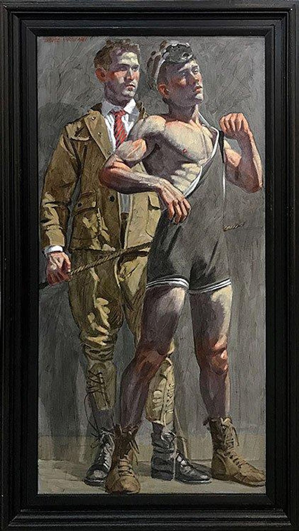 \u00a9 Mark Beard [Bruce Sargeant (1989-1938)], \u201cWrestler and Man Looking On,\u201d n.d., Oil on canvas, 48 x 24 inches, Courtesy of ClampArt, New York City