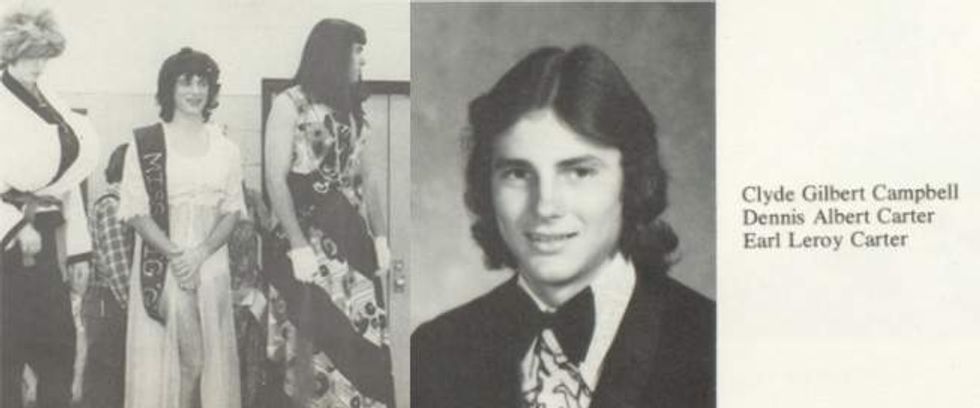 \u200bA photo collage of Rep. Buddy Carter allegedly in drag and his senior yearbook photo.