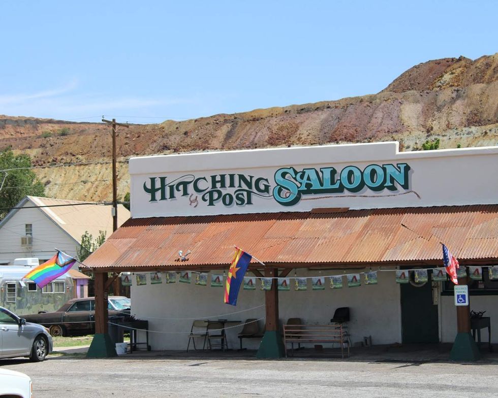 \u200bAn LGBTQ+ flag on a business in the rural town of Bisbee, Arizona