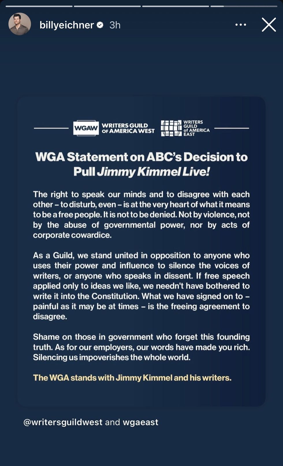 \u200bBilly Eichner via Instagram Story