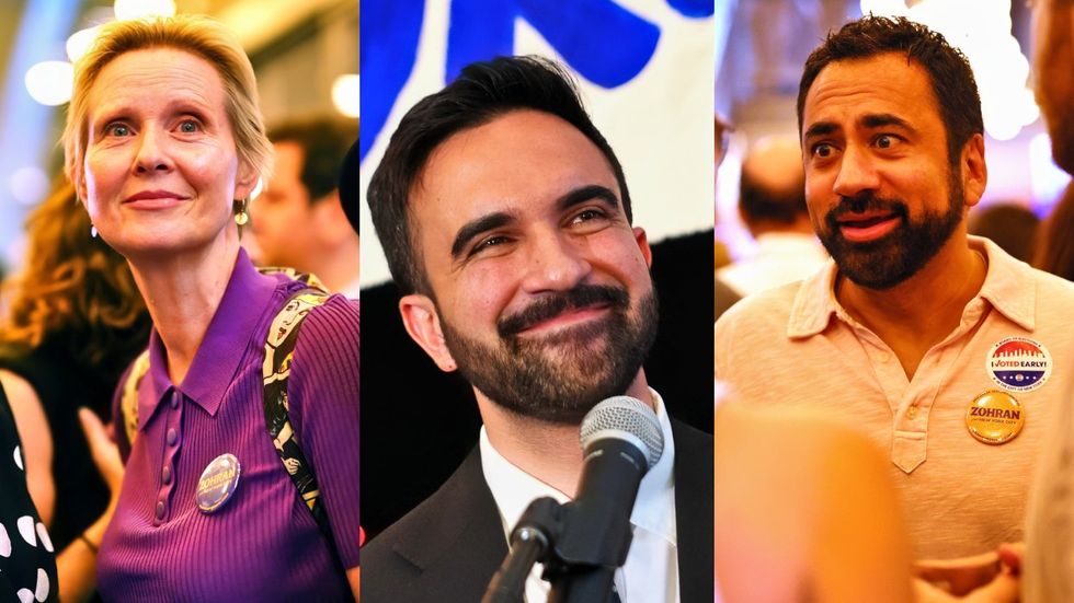 \u200bCynthia Nixon; Zohran Mamdani; Kal Penn at the election night gathering for New York mayoral candidate Zohran Mamdani on Tuesday June 24, 2025