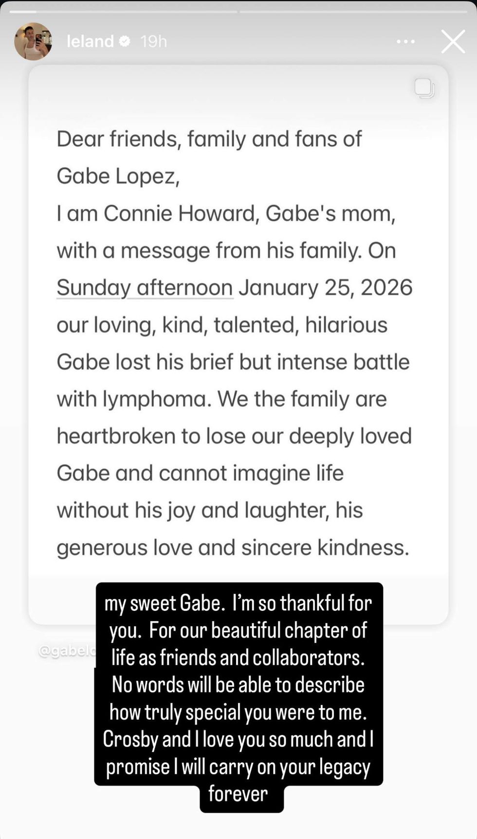 \u200bLeland shares statement following Gabe Lopez's death