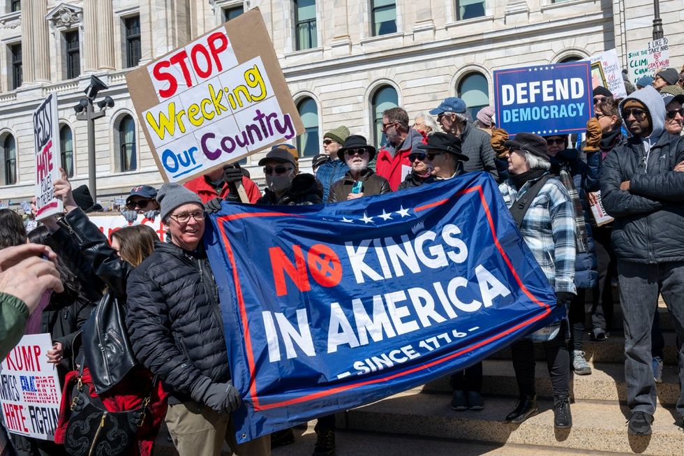 \u200bNo Kings in America banner at the Hands Off Rally protest Saint Paul Minnesota April 2025