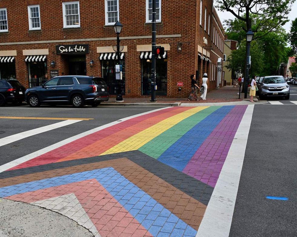 \u200bPride flag painted on a crosswalk in Old Town Alexandria Virginia