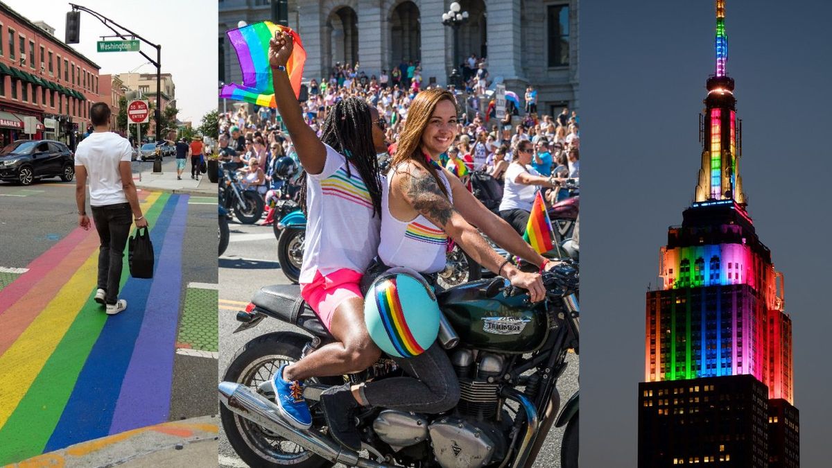 \u200bRainbow crosswalk in Hoboken (L); Women on motorcycles at Denver Pride (M); Empire State Building in rainbow colors (R)