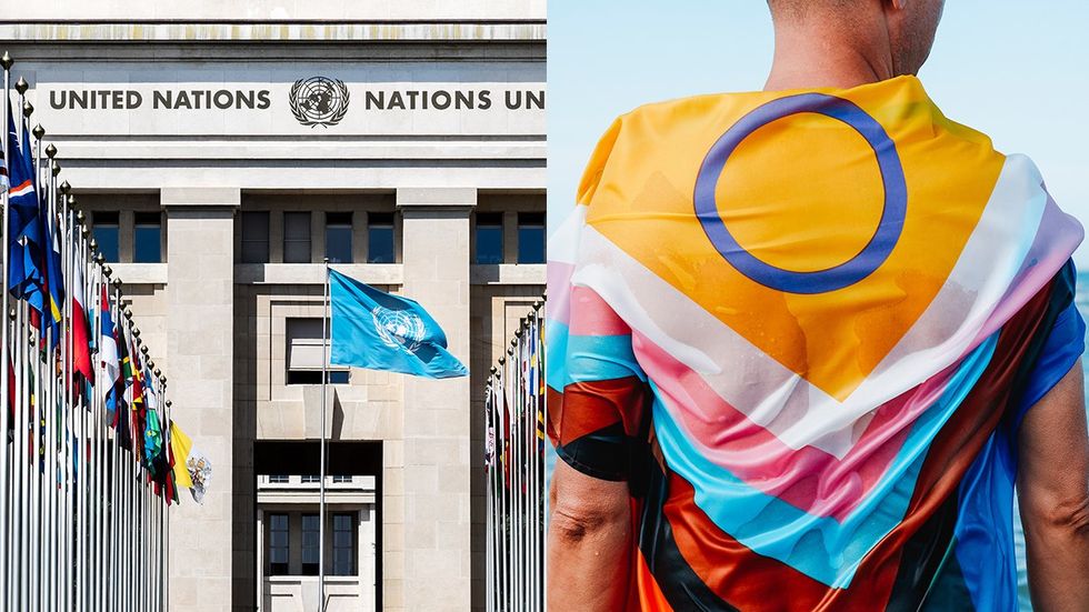 United Nations flags wet person wearing intersex progress pride flag