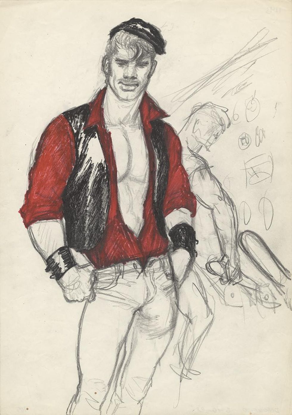 Untitled (Preparatory drawing) 1970 Graphite and color pencil on paper 29.8 \u00d7 21 cm TOF-042 \u00a9 1970\u20142022 Tom of Finland Foundation, LLC
