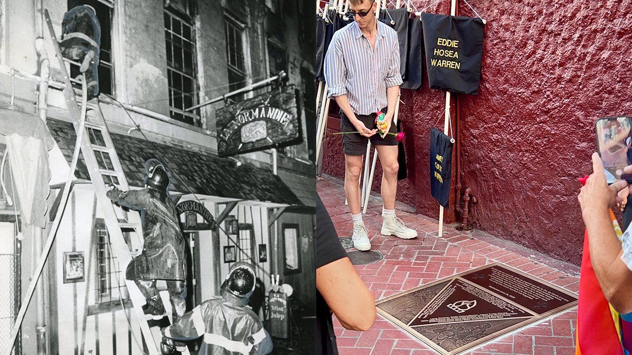 Upstairs Lounge New Orleans 1973 fire arson hate crime scene firefighters alongside new memorial commemorative plaque