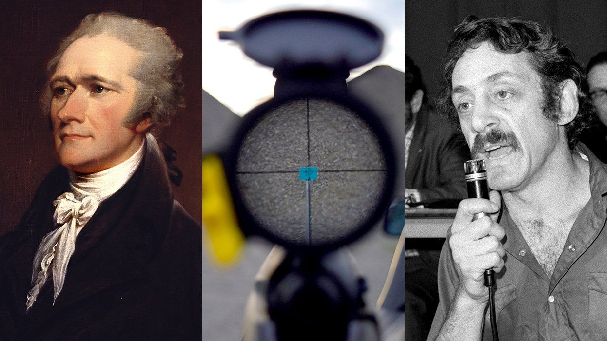 US President Hamilton looking through the sight target rifle mount San Francisco gay politician Harvey Milk