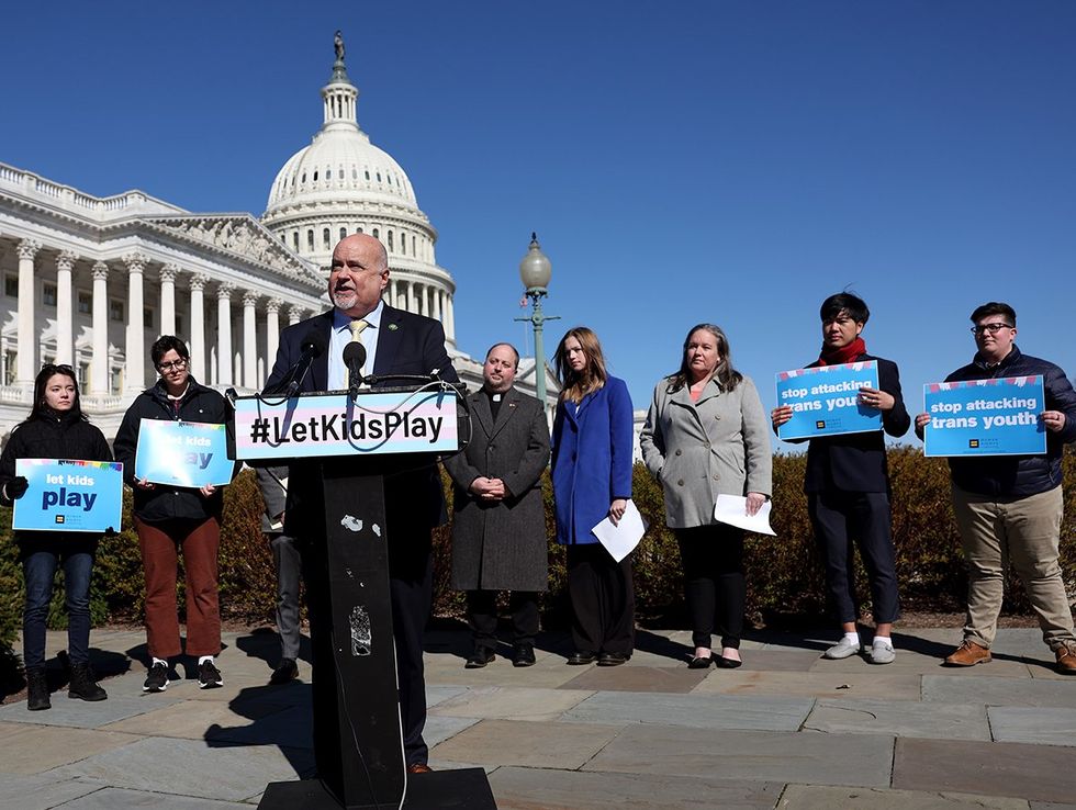 US Rep Mark Pocan speaks at a press conference on LGBTQI rights at the Capitol building on March 08 2023 Washington DC