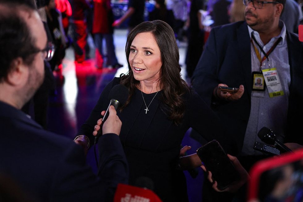 US Senator Katie Britt Republican of Alabama speaks to press including The Advocate Senior National Reporter Christopher Wiggins in the spin room ahead of the Vice Presidential debate between US Senator and Republican vice presidential candidate JD Vance and Minnesota Governor and Democratic vice presidential candidate Tim Walz