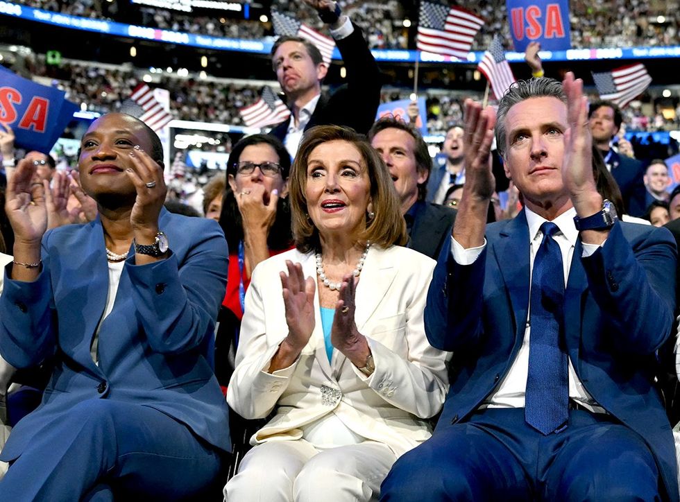 US Senator Laphonza Butler Former US House Speaker Nancy Pelosi California Governor Gavin Newsom applaud US Vice President 2024 Democratic presidential candidate Kamala Harris speaks Democratic National Convention DNC Chicago Illinois