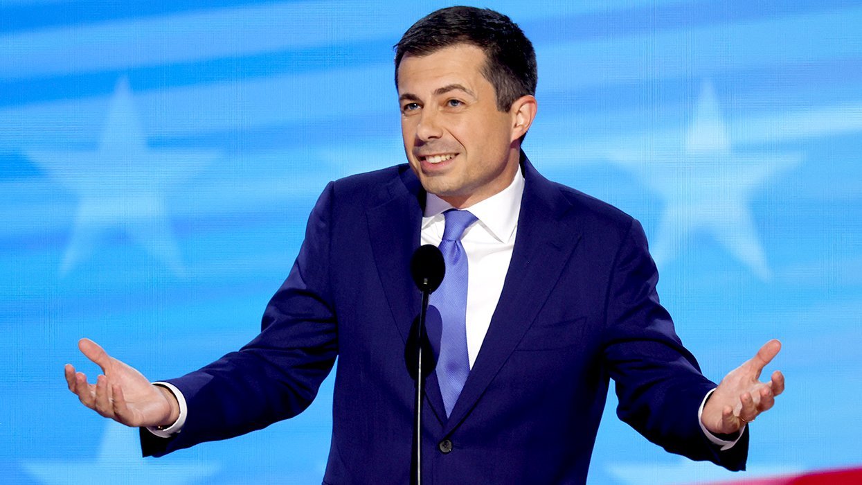 US Transportation Secretary Pete Buttigieg speaks on stage during the third day of the Democratic National Convention