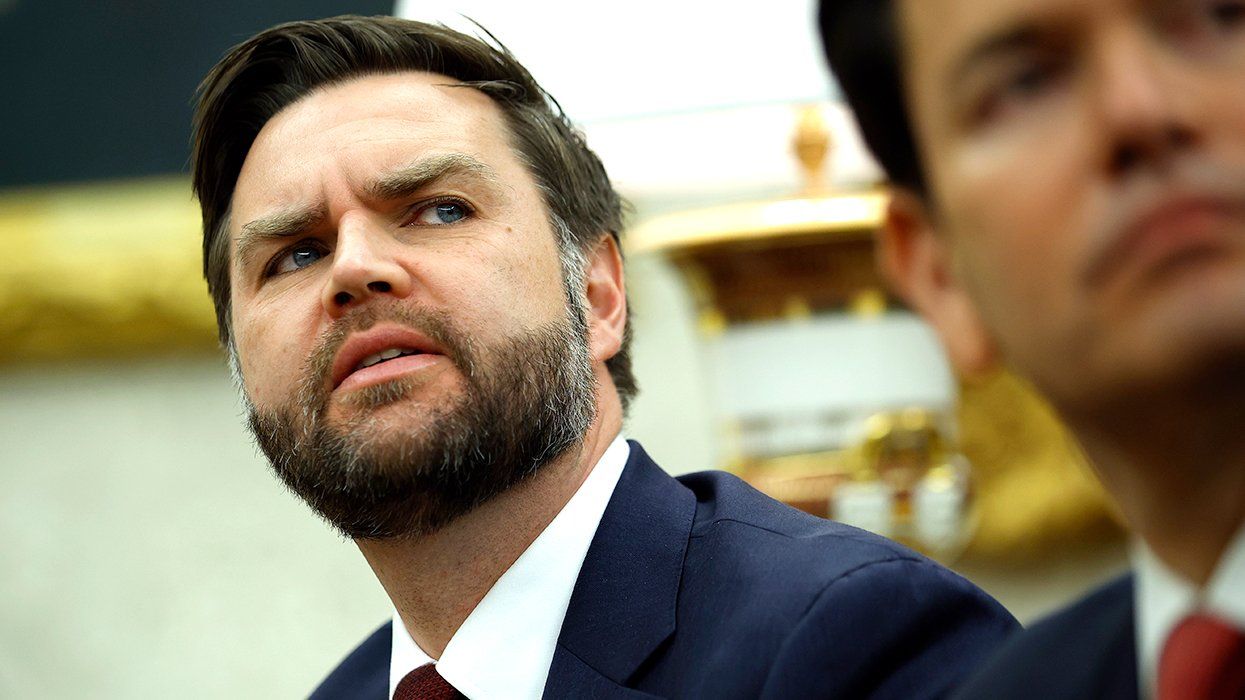 US Vice President JD Vance attends a meeting Oval Office White House April 2025 Washington DC with Marco Rubio in foreground