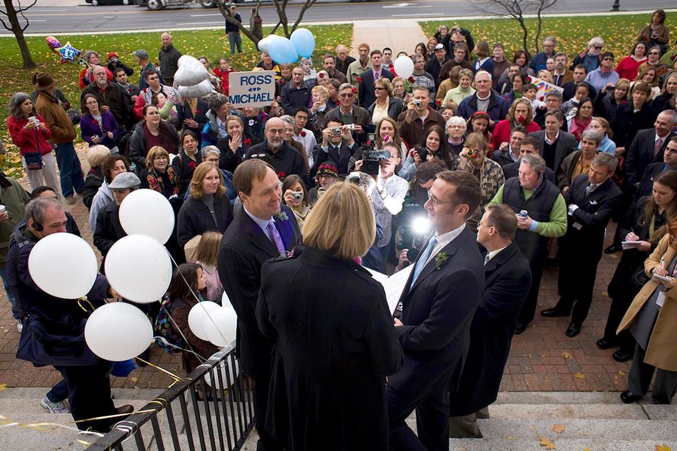 USA States Teaching LGBTQ History Connecticut 2008 Court Rules In Favor Of Allowing Gay Lesbian Same Sex Marriages Michael Miller Ross Zachs marry West Hartford Town Hall steps
