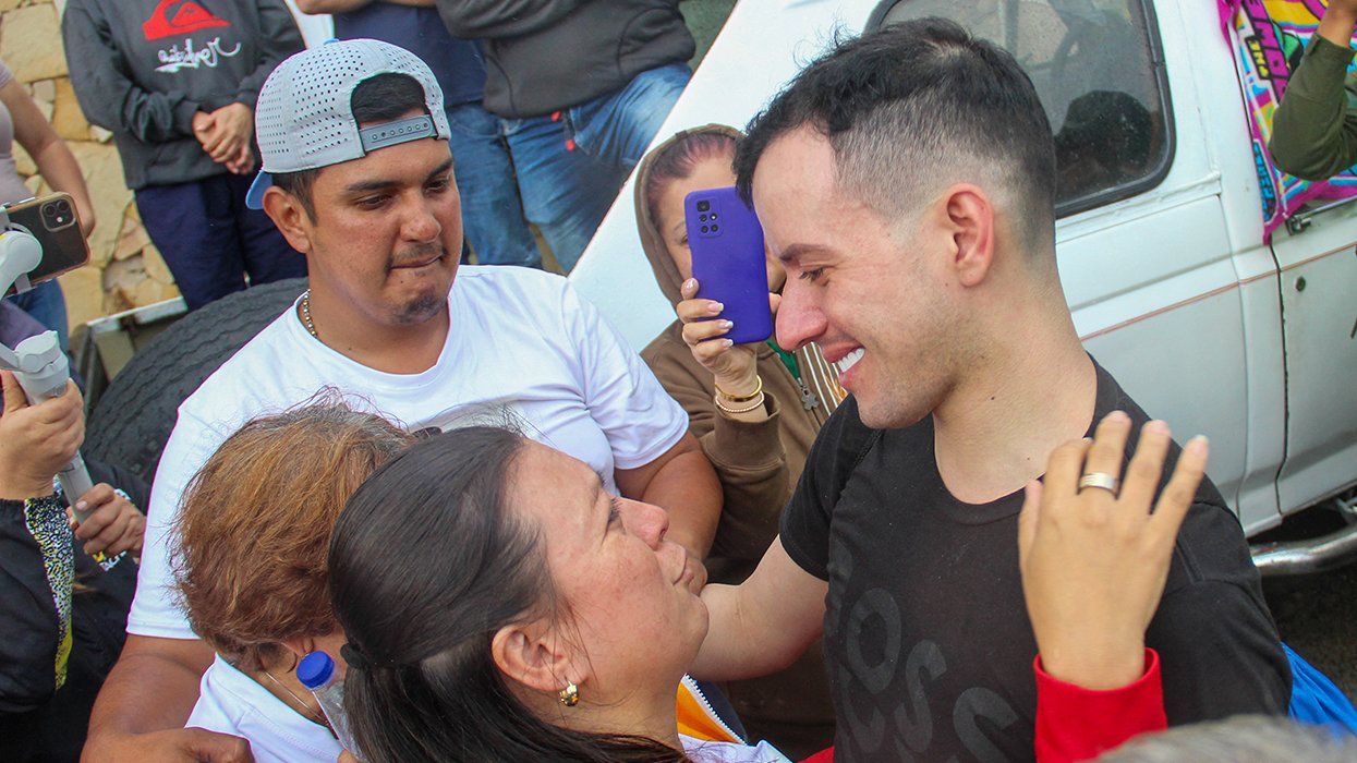 Venezuelan stylist Andry Hernandez Romero greets family members after returning home