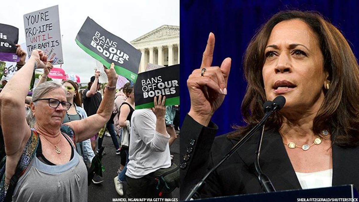 Vice president Kamala Harris giving an impassioned speech next to an image of people holding signs and protesting in front of the Supreme Court after it struck down Roe v. Wade no longer making abortion a right