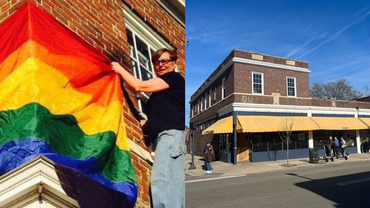 Vicky Hester hanging a Pride flag on a building alongside an exterior shot of Babes of Carytown