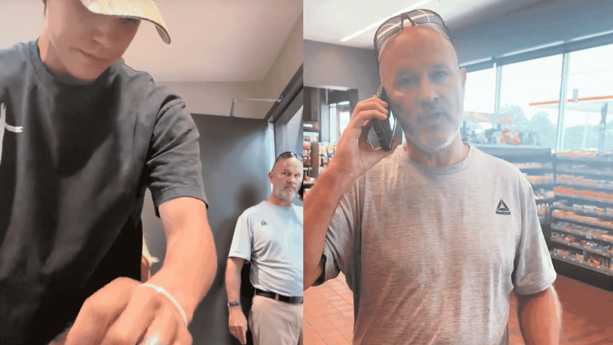 video stills of a man helping his daughters wash her hands in a restroom while another man calls the police on him