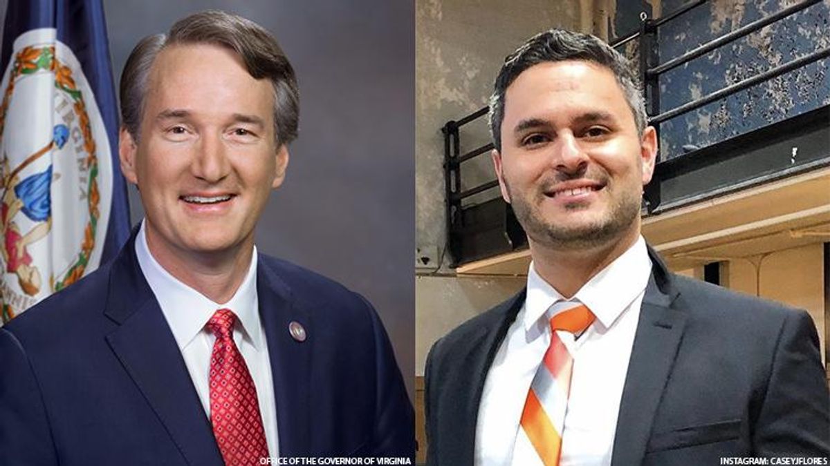 Virginia Governor Glenn Youngkin a Republican is pictured on the left. On the right Casey Flores, a member of the LGBTQ+ advisory board and president of Log Cabin Republicans of Virginia is seen.